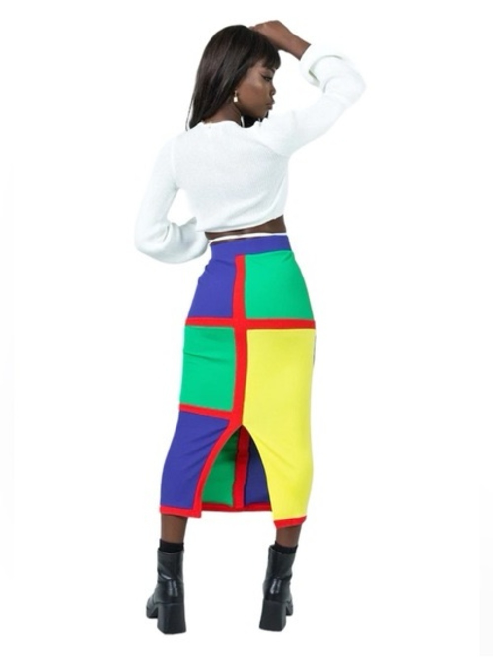 Princess Polly Lego Colorblock Ribbed Slim Fitting Midi Skirt Size 2 NEW Retro